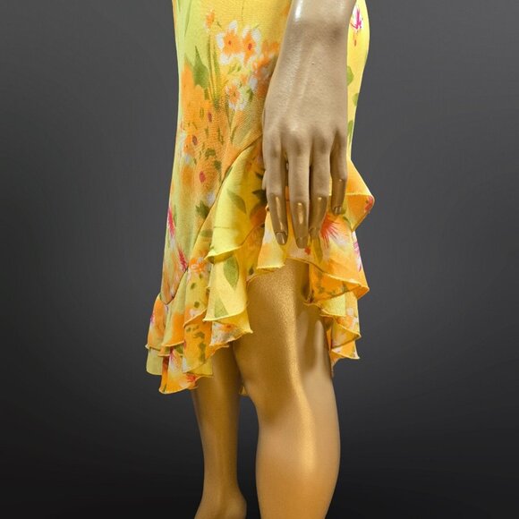 Y2K Tango Mango Yellow Floral Ruffled Dress Size S Asymmetric Hem Fairy - Picture 6 of 11
